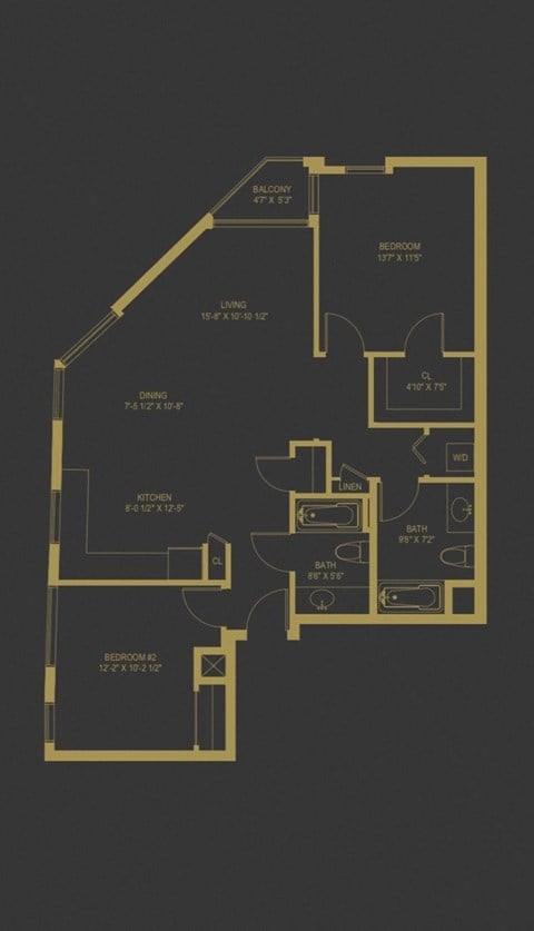 Floor plan for 2 beds, 2 baths, 1080 sqft